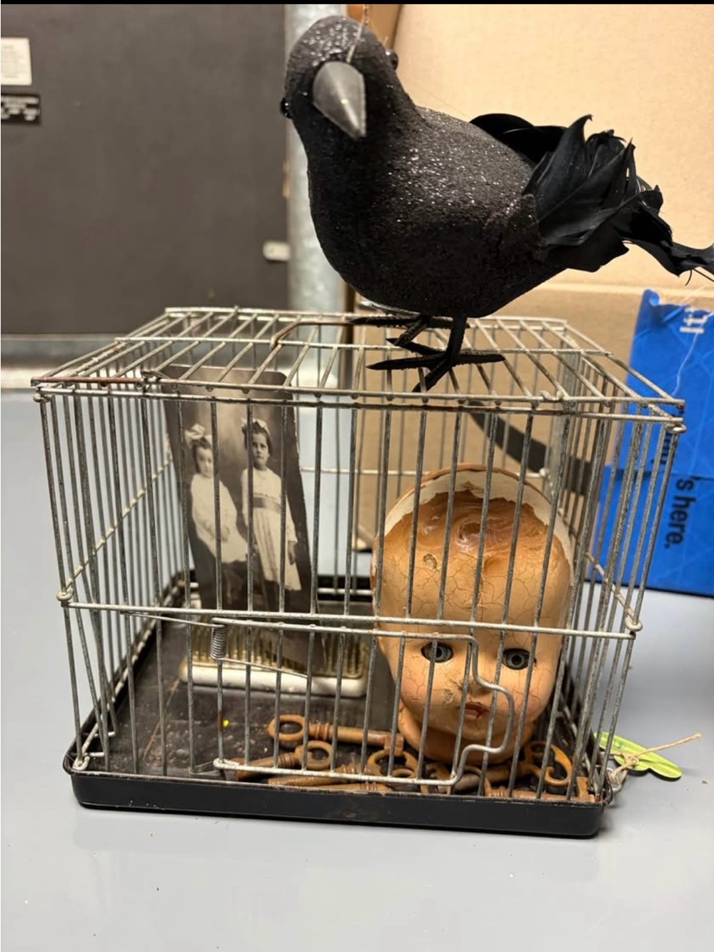 Creepy Halloween decor Metal Cage with doll head skeleton keys all included
